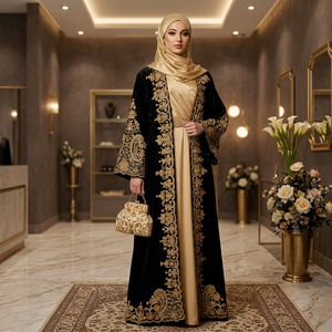 Abaya élégante en velours noir polyester avec broderie cachemire dorée, longue, à manches longues, infroissable, robe modeste pour femme, taille moyenne - Product Image 2