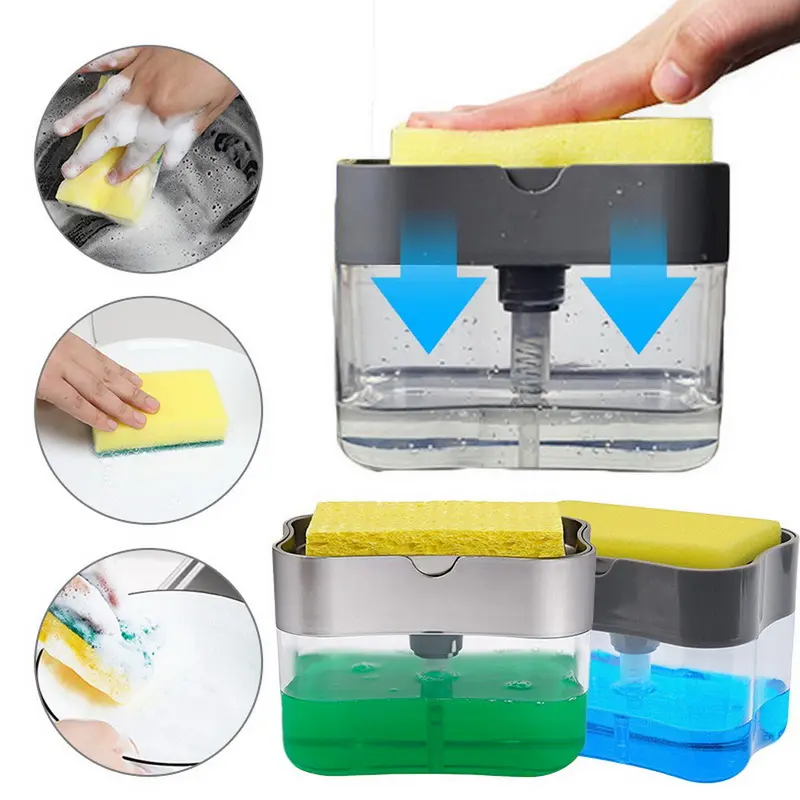 P1222 Dispenser pompa sabun cuci piring, Dispenser sabun cuci piring dapur dengan dudukan spons dan pompa tangan 2 dalam 1