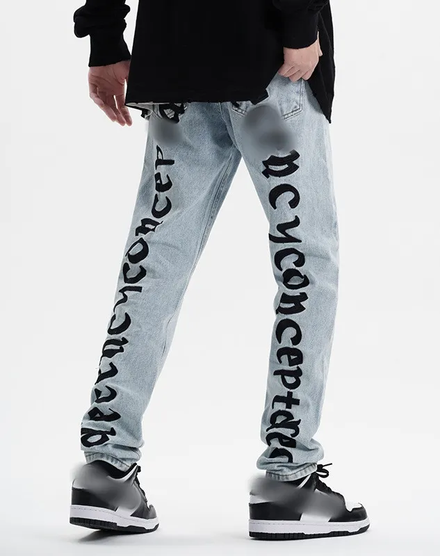 Straight Embroidery Labeling Hole Fabric Trousers Button Homme Pantalon Boys Denim Baggy Pants Men's Jeans