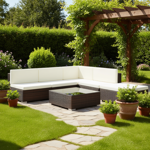 Set da giardino in rattan per esterni, 6 posti, bianco crema e marrone, divano da patio contemporaneo, mobili resistenti alle intemperie - Product Image 2