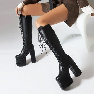 Large Size 46 Wide Fit Triple Layers Platform Knee High <b>Boots</b> Women Lace up Patent Chunky Heels Shoes Fancy Long Booties - Product Image 6