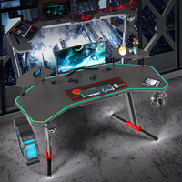 Grand bureau de jeu RVB 160CM avec LED noir en fibre de carbone Table esport extensible avec crochet pour casque Porte-gobelet