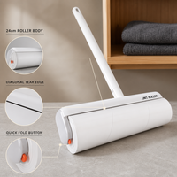 Rouleau anti-poussière pliable extra large de 24 cm avec poignée longue et papier adhésif détachable pour l'élimination des poils sur les sols et le nettoyage domestique