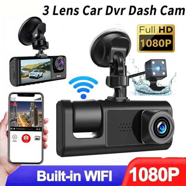 Three Lens Car Dash Cam Full HD 1080P Night Vision Video Recorder with Rear Camera Compatible DVR Car Camera Built in WIFI