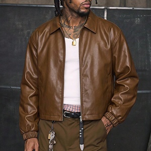 Giacca in Pelle Vintage Marrone con Logo Personalizzato, Stile Streetwear da <span class=keywords><strong>Uomo</strong></span>, Giacca Bomber Ricamata OEM, Giacca in Pelle Bomber Boxy per <span class=keywords><strong>Uomo</strong></span> - Product Image 2