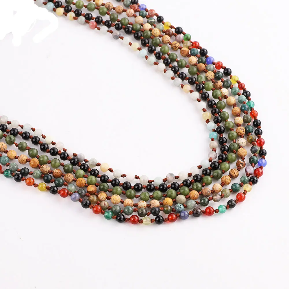 New Cute Fashion Jewelry 4mm Natural Stone Gemstone Cord Beaded Knot Choker Necklace For Women JNK9364