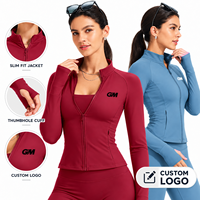 Veste de yoga ajustée pour femme GH avec logo personnalisé, tailles XS-XL, fermeture éclair intégrale, manches longues, trous pour les pouces, idéale pour l'entraînement, la course, la gym et les activités sportives