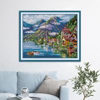 Kit de broderie au point de croix fait main style lac européen Alpes Montagne Village pour débutants – Idéal pour l'art décoratif de salon