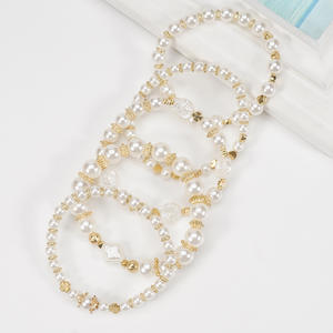 Faux Pearl Beaded <b>Bracelets</b> Women's White Round <b>Elastic</b> Stretch Multi Layer Cross Design Everyday Wear Jewelry Set Made In China - Product Image 4