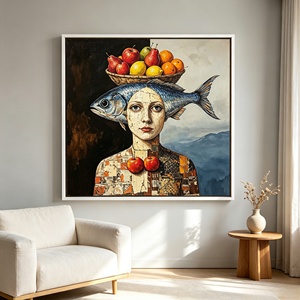 Dipinto a Olio Surrealista Donna con Pesce e Cesto di Frutta, <span class=keywords><strong>Arte</strong></span> Murale su Tela, Texture Vintage Effetto Craquelé, Decorazione Figurativa per Hotel, Caffè, Casa - Product Image 2