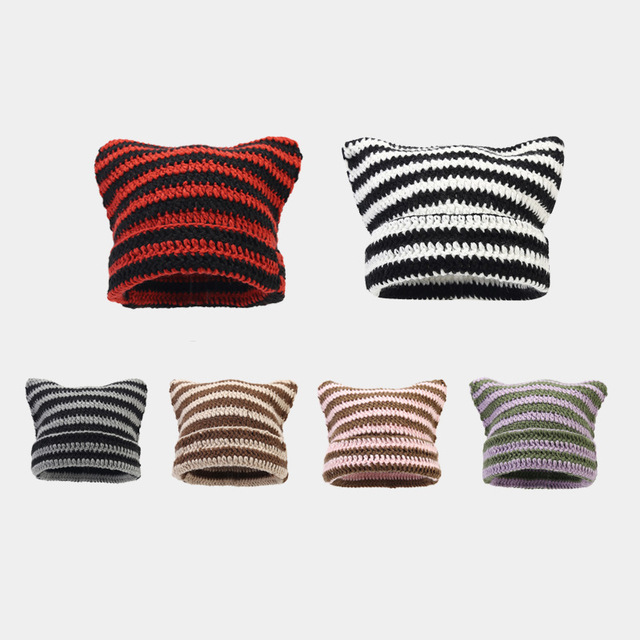 Japanese Devil Style Knit Cat Ear Beanie with Stripes Travel Ready Winter Warmth Hat