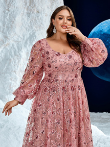 Gaun pesta malam formal high-low elegan berkilau dengan bordir manik-manik berat, lengan panjang model lantern, kerah V potongan acak ukuran plus - Product Image 6