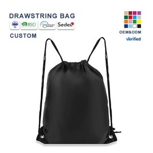 Custom <b>Drawstring</b> <b>Backpack</b> Unisex Polyester Gym Bag With Rope Handles Convenient Closure Black Color - Product Image 1