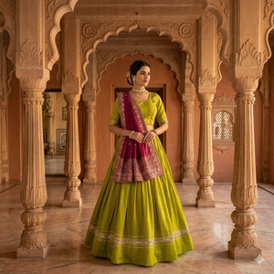 Lehenga Choli Tradicional Verde Lima para Mujer con Conjunto de Dupatta Magenta Profusamente Bordado para Bodas y Festivales Indios - Product Image 1