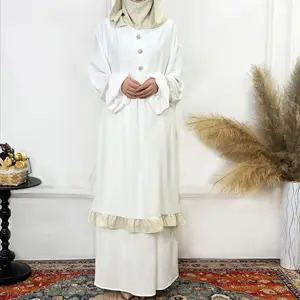 批发销售穆斯林女装纯色优雅长袖套装冰丝皱纹春秋莲花2件套阿巴亚