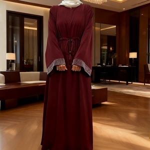 Robe maxi abaya de maternité et d'allaitement de couleur unie avec fermeture éclair sur le devant, poignets amples avec strass, 9 couleurs au choix (6758) - Product Image 1