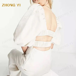 Robe d'été sans dos pour femmes, manches lanternes, enroulement autour de la poitrine, élastique, robe midi pour femmes, couleur unie, style doux, <span class=keywords><strong>2022</strong></span> - Product Image 4