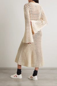 2023 été creux Crochet col en v à <span class=keywords><strong>manches</strong></span> longues <span class=keywords><strong>manches</strong></span> <span class=keywords><strong>évasées</strong></span> pur coton jupe plissée tricoté robe <span class=keywords><strong>pull</strong></span> - Product Image 2