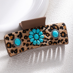 Pince à cheveux vintage antique en argent et turquoise, motif léopard, accessoires pour cheveux, vente en gros pour femmes - Product Image 3