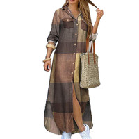 Vente Chaude Été Mode Femme Grande Taille Robes Maxi Chemise Longues Manches Imprimées Boutonnées Élégantes Fendues Décontractées