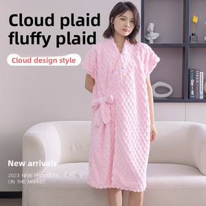 New Cloud Grid Coral Velvet <b>Bathrobe</b> Quick-Dry Woven Cross Tie Soft Absorbent Yukata for Home Use Portable - Product Image 2