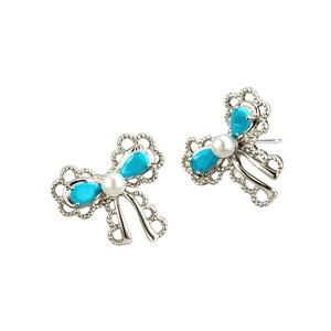 French Style <b>Turquoise</b> Blue Teardrop Bow Pearl <b>Stud</b> <b>Earrings</b> With S925 Silver Posts For Everyday Wear - Product Image 5