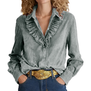 Nuova <span class=keywords><strong>Camicia</strong></span> Satinata a Maniche Lunghe con Bottoni e Orlo Arricciato, Design Bicolore per l'Autunno, Abbigliamento Femminile - Product Image 5