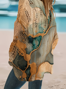 Suéter de punto con estampado abstracto para <span class=keywords><strong>mujer</strong></span> 2026, suéter de malla pointelle extragrande con arte fluido, 100% poliéster, jersey con diseño topográfico narrativo - Product Image 4