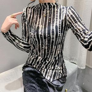 Otoño Invierno nueva moda impresa medio cuello alto Slim Fit pulóver patrón de <span class=keywords><strong>cebra</strong></span> <span class=keywords><strong>Camiseta</strong></span> de manga larga camisa de fondo para <span class=keywords><strong>mujer</strong></span> - Product Image 3