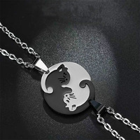 Cadeau de saint-valentin 2 pièces/paire pendentif coeur rond meilleur ami Couples acier inoxydable assorti Yin Yang collier de chat bijoux