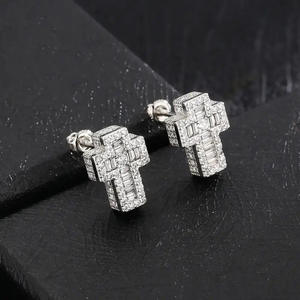 Pendientes de Cruz Chapados en Oro Blanco con Zirconia, Joyería Religiosa Unisex para Regalo - Product Image 5