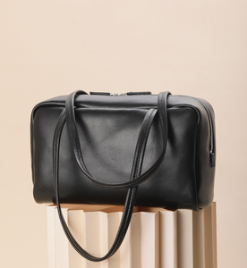 Black Genuine Leather Boston <b>Handbag</b> Zipper Shoulder Bag Women Travel Purse <b>Medium</b> - Product Image 1