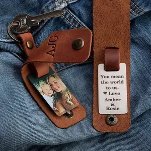 Custom Personalised Genuine Leather Sublimation Photo Rectangle Keychain Father's Day Engraved Leather Picture Keychain for Gift