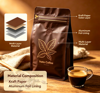 Sachet de café en papier kraft à 8 soudures latérales avec valve unidirectionnelle et fermeture éclair, logo personnalisé, emballage haute barrière en feuille d'aluminium métallisée