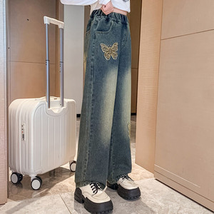 2024 New Fall Teenager Mädchen gewaschen Blue Wide Leg Jeans mit Patched Butterfly 5-15 Jahre
