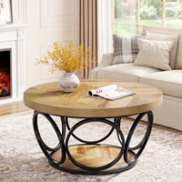 Table basse ronde en bois de 31.5 pouces, grandes tables basses circulaires de ferme avec rangement à 2 niveaux, table à thé marron simple et moderne