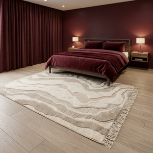 Tapis moderne abstrait rectangulaire beige en laine et polyester tufté avec envers antidérapant en caoutchouc pour salon - Product Image 2