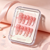 Faux ongles à presser personnalisés, longs, forme cercueil, dégradé rose, faits main, avec décorations 3D nœud rose et strass, réutilisables, 10 pièces, vente en gros
