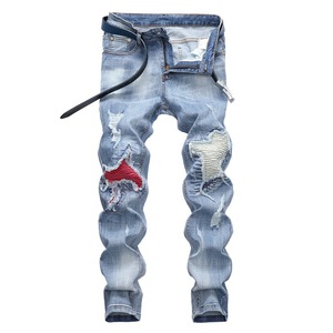 Pantalones vaqueros rasgados elásticos para <span class=keywords><strong>hombre</strong></span>, Jeans de talla grande, azul claro, para motocicleta, B827 - Product Image 1