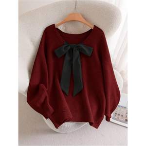 Suéter Personalizado para Mujer, Talla Grande, Cuello en V con Lazo, Manga Larga, Tejido de Punto, Ropa de Otoño, Largo Regular, Grosor Estándar - Product Image 4
