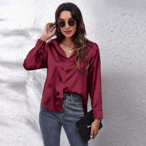 Chemisier Élégant <span class=keywords><strong>Femme</strong></span> S-XXL en Satin Rouge Vin, <span class=keywords><strong>Col</strong></span> Rabattu, Manches Longues, Blouse Formelle de Bureau OL, Hauts Féminins Automne - Product Image 5