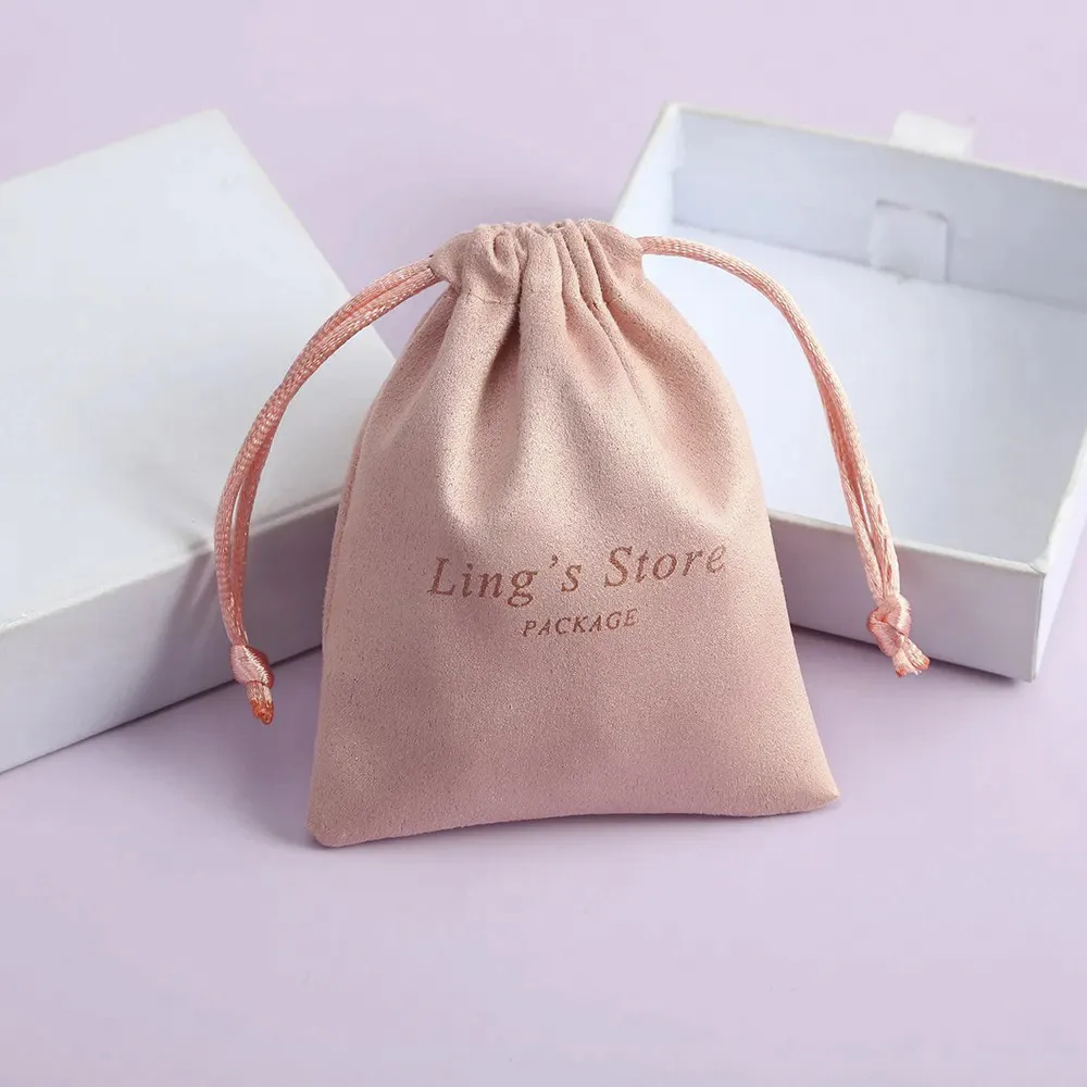 Bolsas de terciopelo rosa de 9x7cm para joyería, pequeñas bolsas de almacenamiento con cordón, embalaje con logotipo personalizado impreso