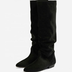 New Suede Loose Upper Shoes Flat Heels Pointed Toe Slouchy Long Boots Women's Wide Fit Knee High <b>Booties</b> - Product Image 5