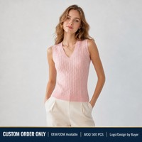 Débardeur tricoté pour femme, col en V, rose uni, sans manches, coupe ajustée, respirant, style coréen, personnalisable OEM ODM