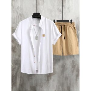 Conjunto de camisa informal con botones y pantalones cortos con cordón para hombre, conjunto de 2 piezas de verano, transpirable, de algodón tejido - Product Image 3