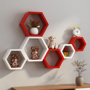 Nouvelle collection d'étagères murales hexagonales modernes en bois massif, finition polie rouge et blanche, grande capacité pour le salon, la salle de sport, le rangement - Product Image 2