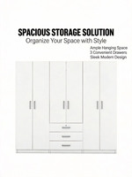 Armoire en bois blanche à 6 portes, armoire de chambre à coucher avec grands tiroirs, penderie avec barres de suspension, armoire de rangement pour vêtements