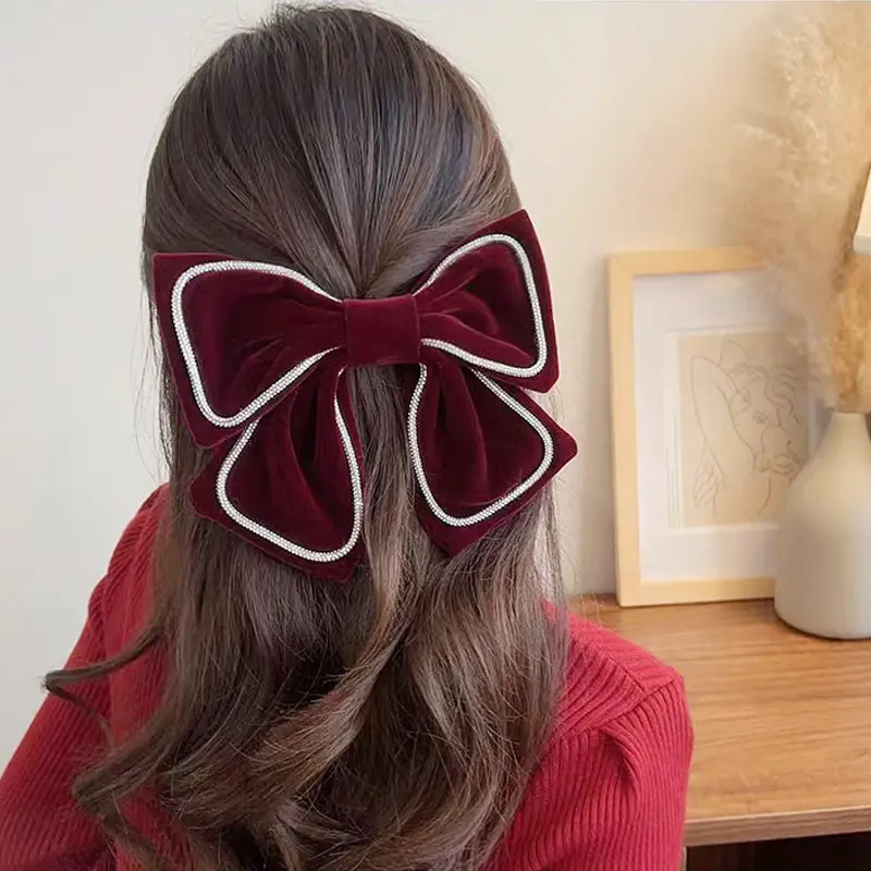 Boutique personalizado terciopelo rojo Barrette hecho a mano Navidad terciopelo rojo cinta lazo para el pelo para niñas
