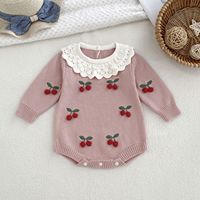 Combinaison bébé en coton tricoté 100% avec col en dentelle de classe A, broderie cerise, pour tout-petits, tailles 66-90, pull-onesie pour bébé fille
