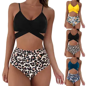 Großhandel bikini haustiere-Großhandel Badeanzug Leoparden muster Bikini Set Cross High Waist Beach wear Kleider Split Frauen Bade bekleidung